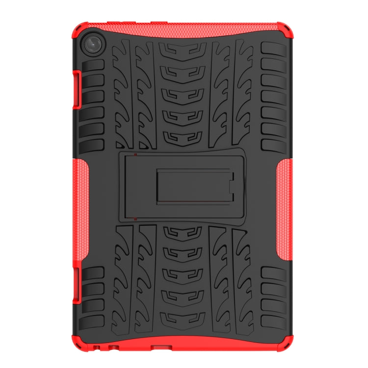 Red and black tire-texture tablet case with kickstand panel and holder strap