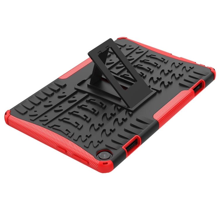 Red tire-texture tablet case with fold-out kickstand and secure corner grips