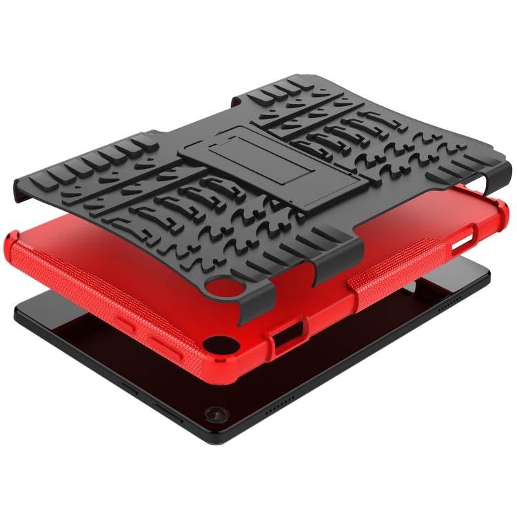 Red and black tire-texture tablet case with kickstand stand and screen-facing cutouts