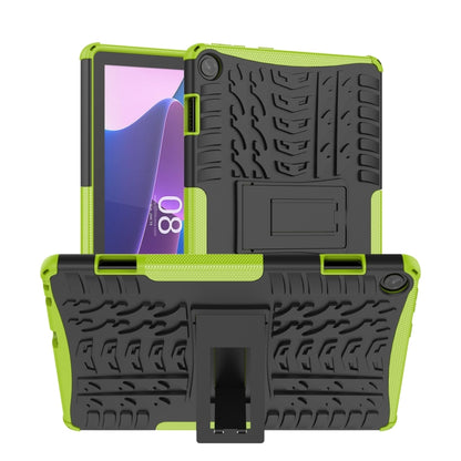 Green tire-texture TPU and PC tablet case with holder, kickstand, and camera cutout