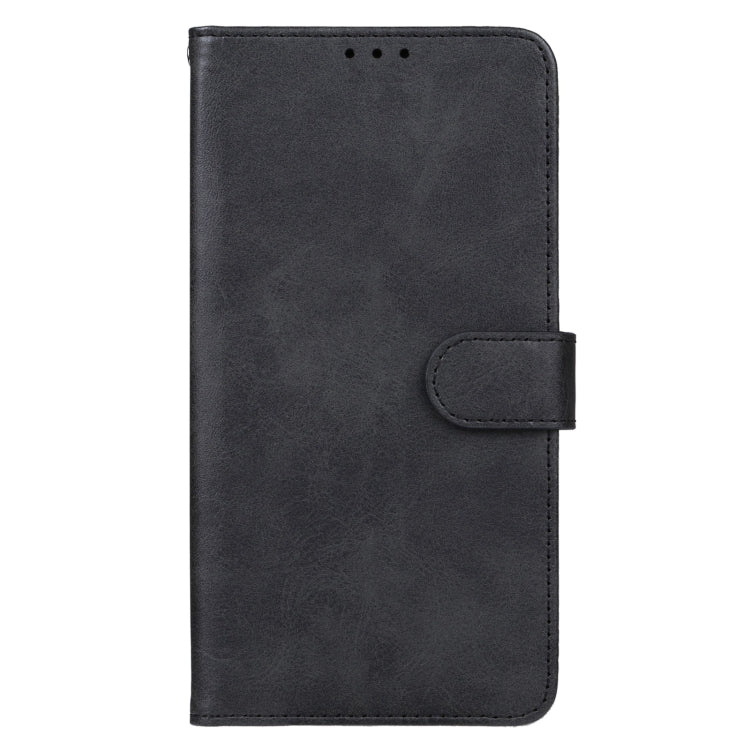 Black leather-style phone wallet case with fold-over flap and snap closure