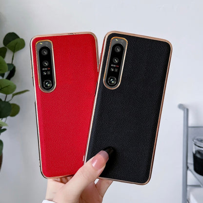 Genuine leather phone case, red and black, slim fit with dual camera cutouts