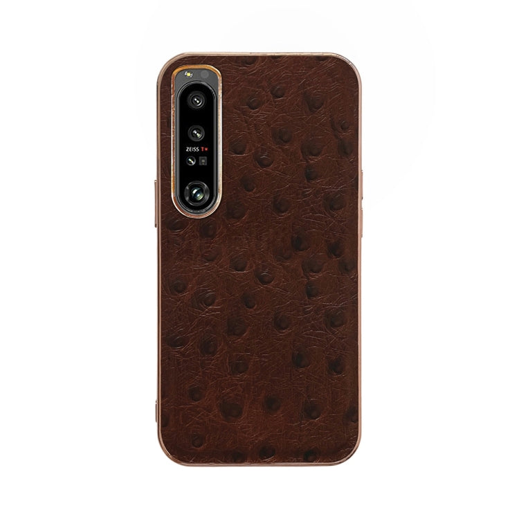 Coffee brown ostrich-textured leather phone case with dual camera cutouts