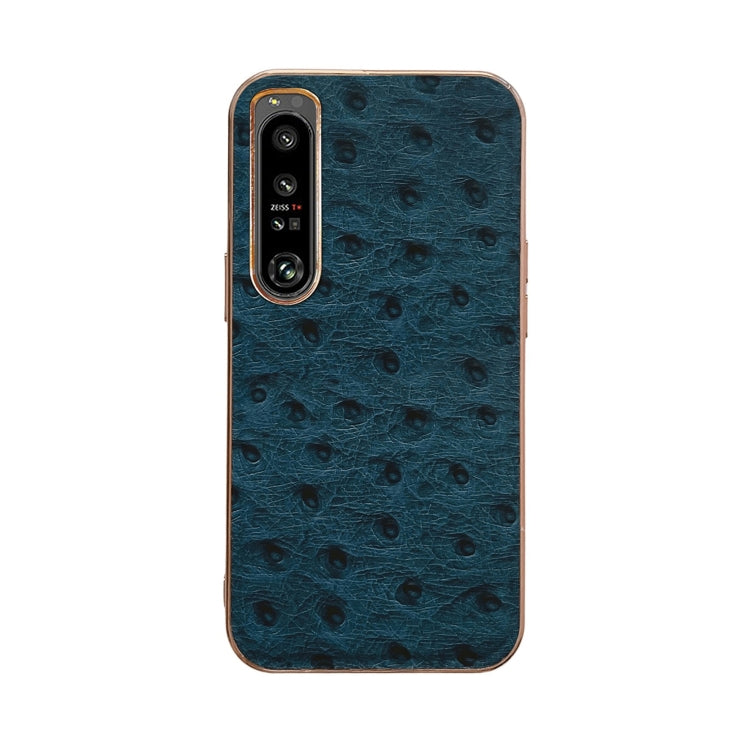 Blue ostrich-textured leather phone case with dual camera cutouts