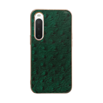 Green ostrich-textured leather phone case with raised lens frames