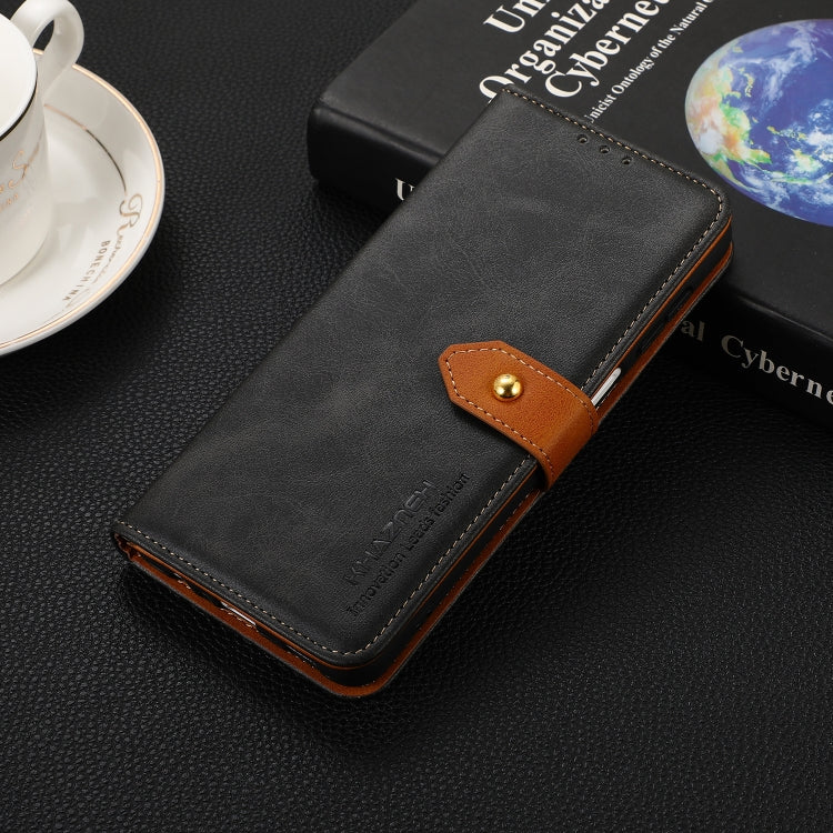 Black leather flip phone case with brown stitched accents and magnetic closure
