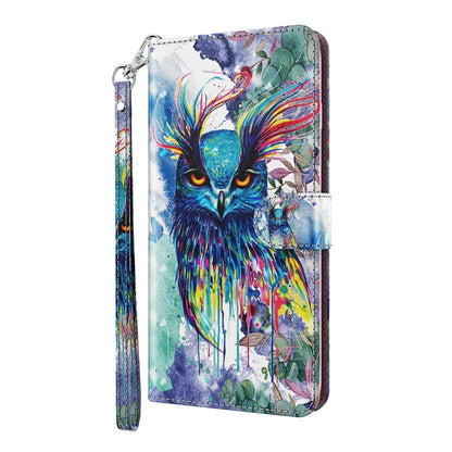 Phone case with colorful watercolor owl design, left-side wrist strap and folio flap