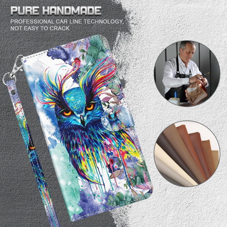 Phone case with colorful watercolor owl print and folio strap, front view