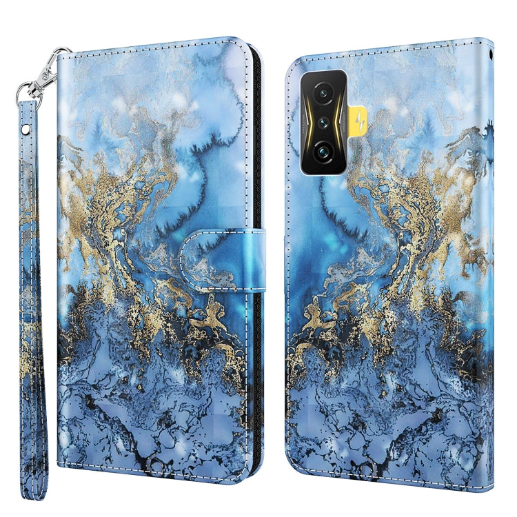 Folio phone case with blue marbled landscape and gold accents