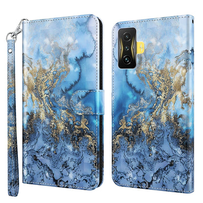 Folio phone case with blue marbled landscape and gold accents