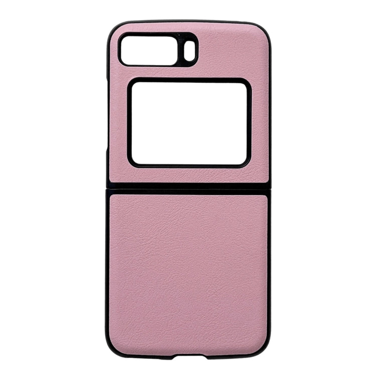 Two-tone litchi-texture PU phone case, pink top and bottom with black trim.
