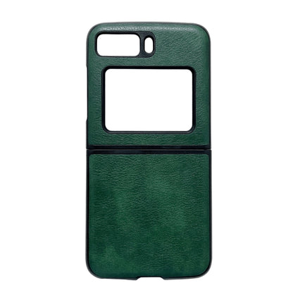 Two-tone litchi-texture PU phone case, green top and bottom with black trim.