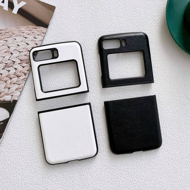 Two-tone litchi-texture PU phone cases: white and black versions with black trim.