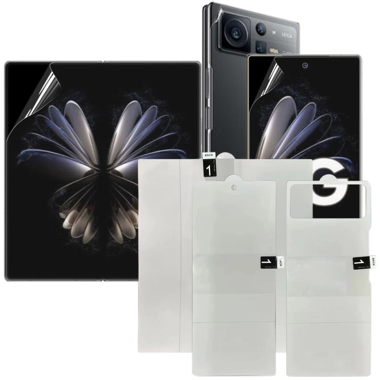 Foldable phone hydrogel screen protector set with front and back film pieces