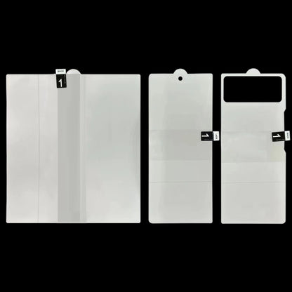 Three-part hydrogel screen protector for foldable display, adhesive film templates