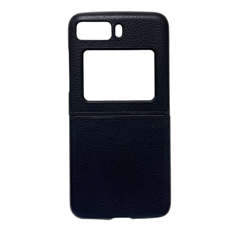 Black genuine leather phone case with lychee texture, cutouts for camera and ports.