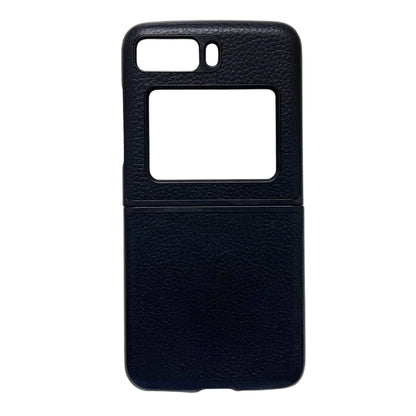 Black genuine leather phone case with lychee texture, cutouts for camera and ports.