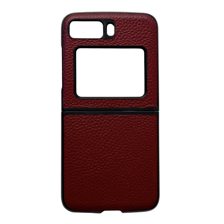 Red genuine leather phone case with lychee texture, cutouts for camera and ports.