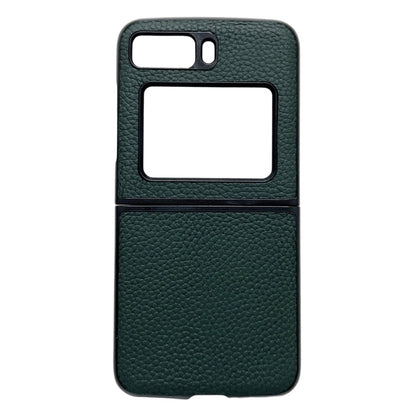 Green genuine leather phone case with lychee texture, cutouts for camera and ports.