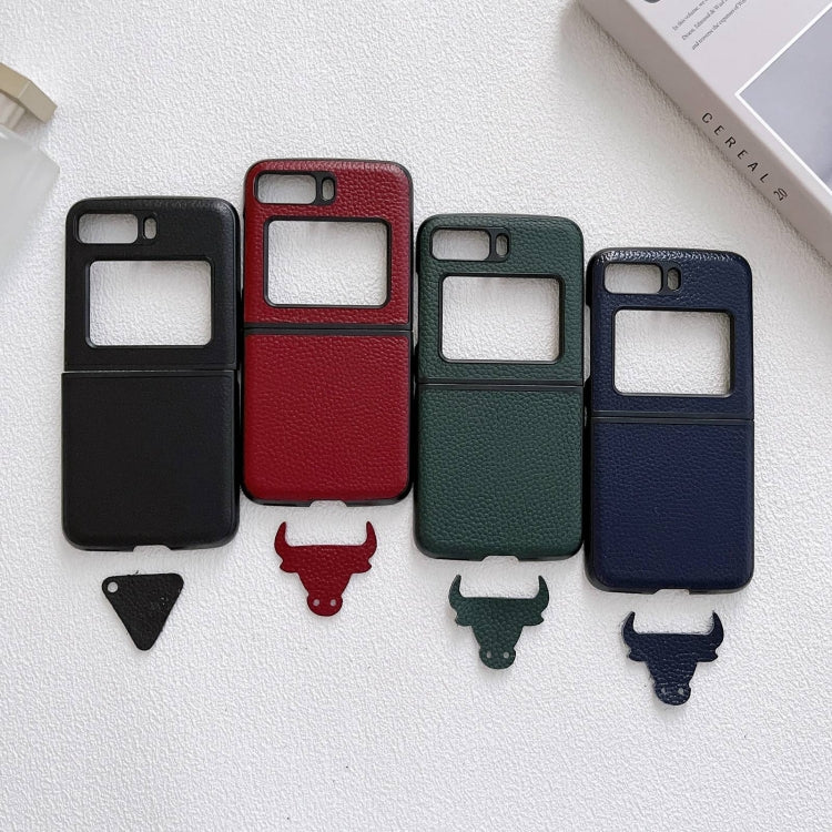 Genuine leather phone cases in black, red, green, and blue with cutouts.