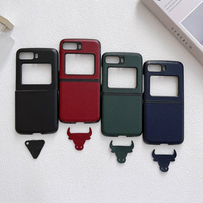 Genuine leather phone cases in black, red, green, and blue with cutouts.
