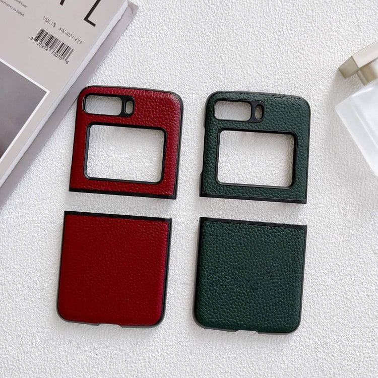 Red and green genuine leather phone cases with lychee texture and camera cutouts.
