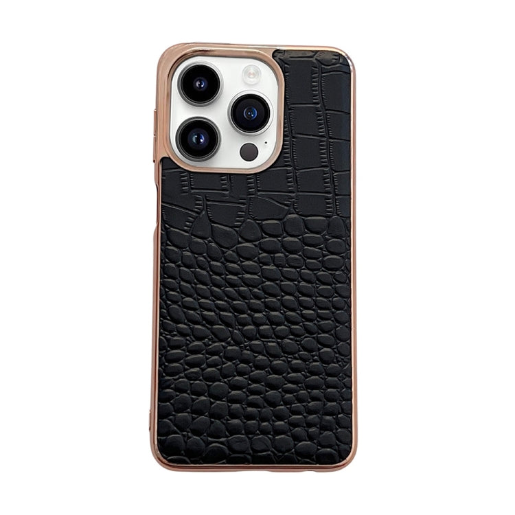 Genuine leather phone case with black crocodile texture and camera cutouts