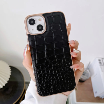 Black crocodile-texture genuine leather phone case with camera cutouts