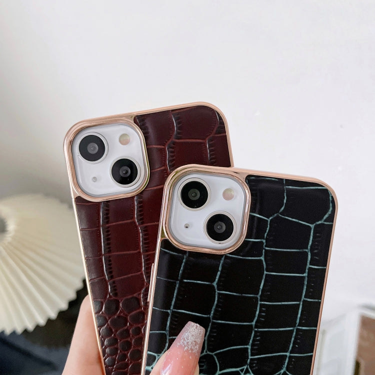 Pair of crocodile-textured leather phone cases: dark brown and teal/black