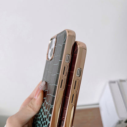 Side view of crocodile-textured leather phone cases in teal and dark brown