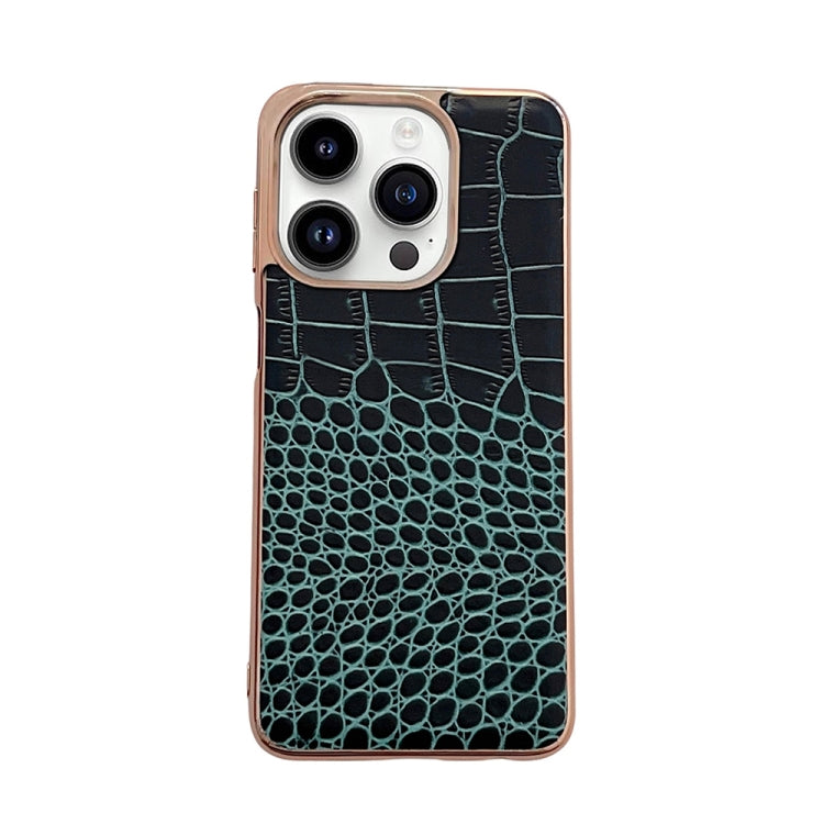 Dark green crocodile-texture genuine leather phone case with camera cutouts