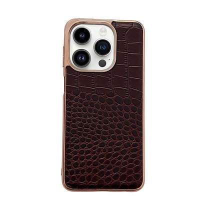 Coffee-brown crocodile-texture genuine leather phone case with camera cutouts