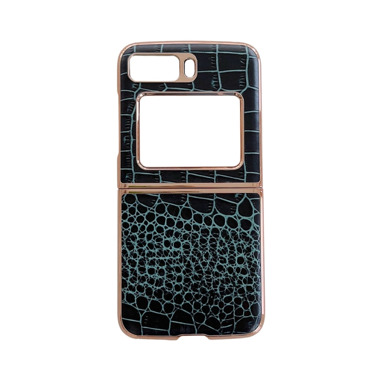 Crocodile-textured leather phone case with teal bottom and dark top