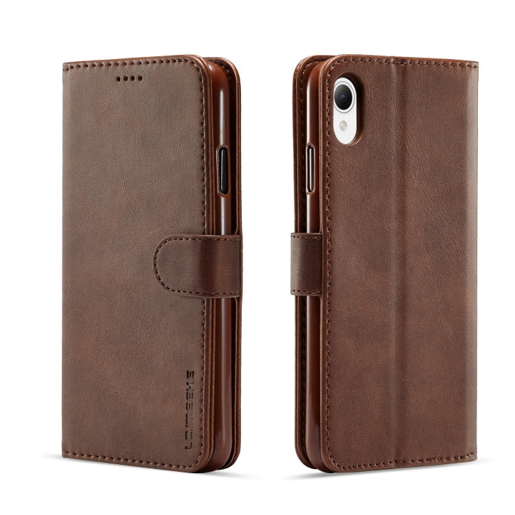 Calf-textured leather folio phone case in brown with side cutouts and magnetic strap