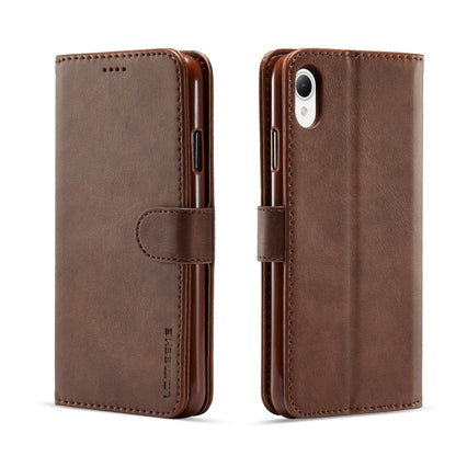 Calf-textured leather folio phone case in brown with side cutouts and magnetic strap