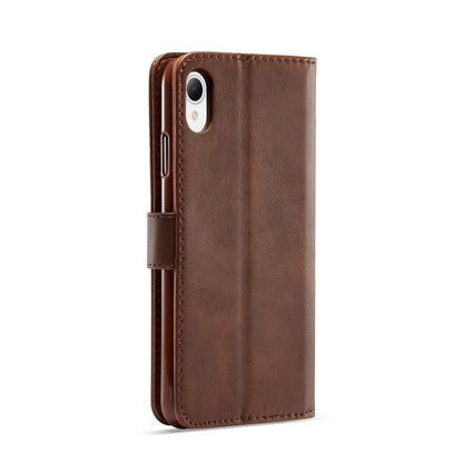 Brown calf-textured leather phone case with camera cutout and stand-ready folio flap