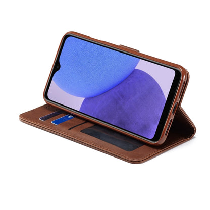 Brown calf-textured leather folio phone case opened as a viewing stand for phone