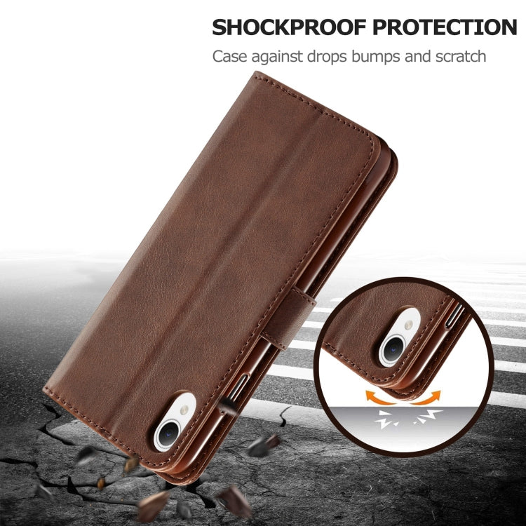 Brown calf-textured leather folio phone case with stitched edges and camera openings