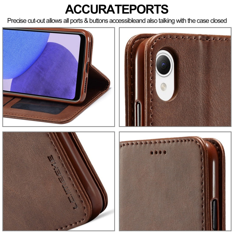 Brown calf-textured leather folio phone case showing button and port cutouts