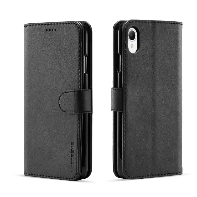 Black calf-textured leather folio phone case with magnetic strap and camera opening