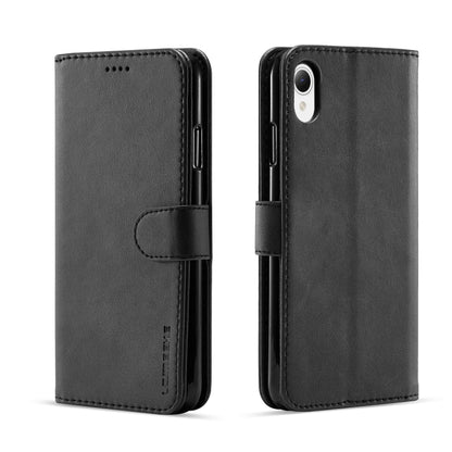 Black calf-textured leather folio phone case with magnetic strap and camera opening