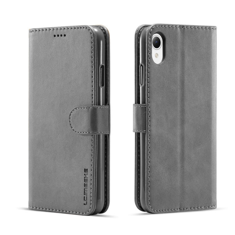 Calf texture leather phone case folio with magnetic strap and kickstand, gray