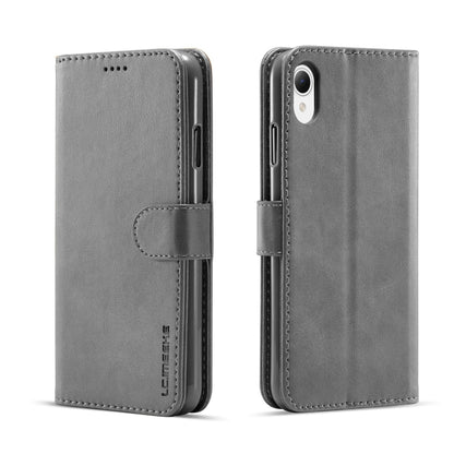 Calf texture leather phone case folio with magnetic strap and kickstand, gray