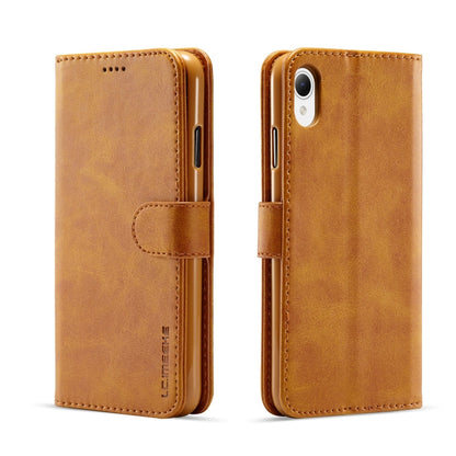 Calf texture leather phone case folio with magnetic strap and kickstand, tan