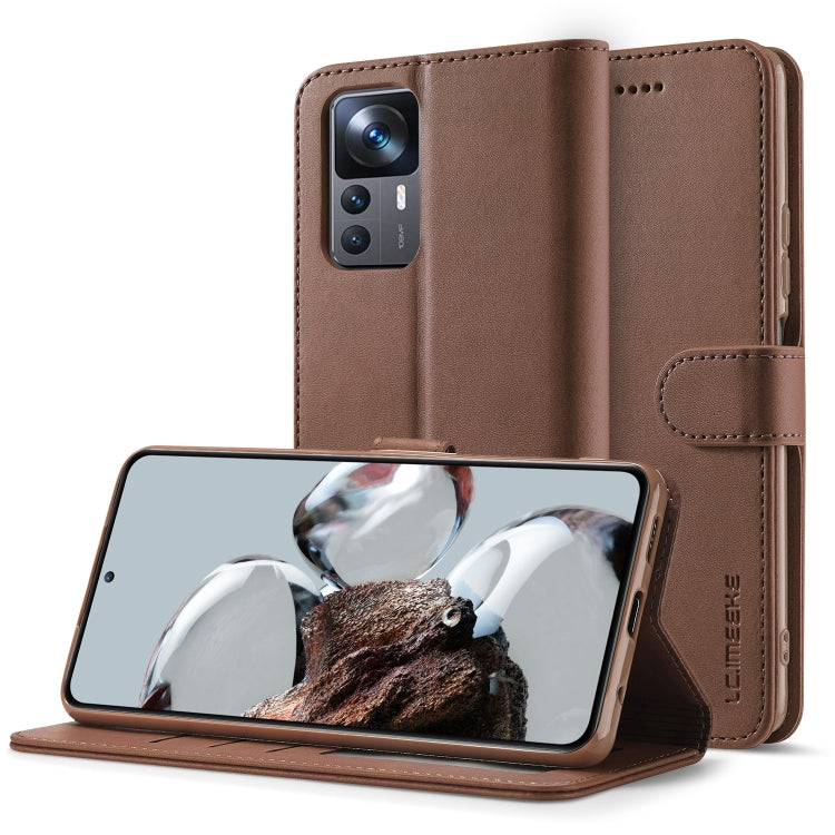 Brown calf-textured leather wallet phone case with magnetic strap and kickstand