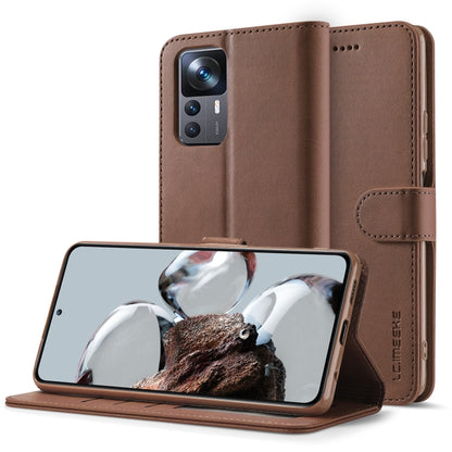 Brown calf-textured leather wallet phone case with magnetic strap and kickstand