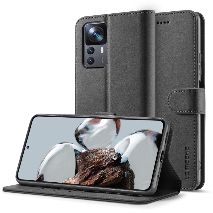 Gray calf-textured leather folio phone case with magnetic strap and viewing stand