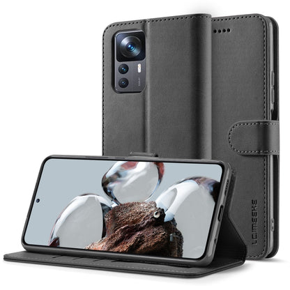 Gray calf-textured leather folio phone case with magnetic strap and viewing stand