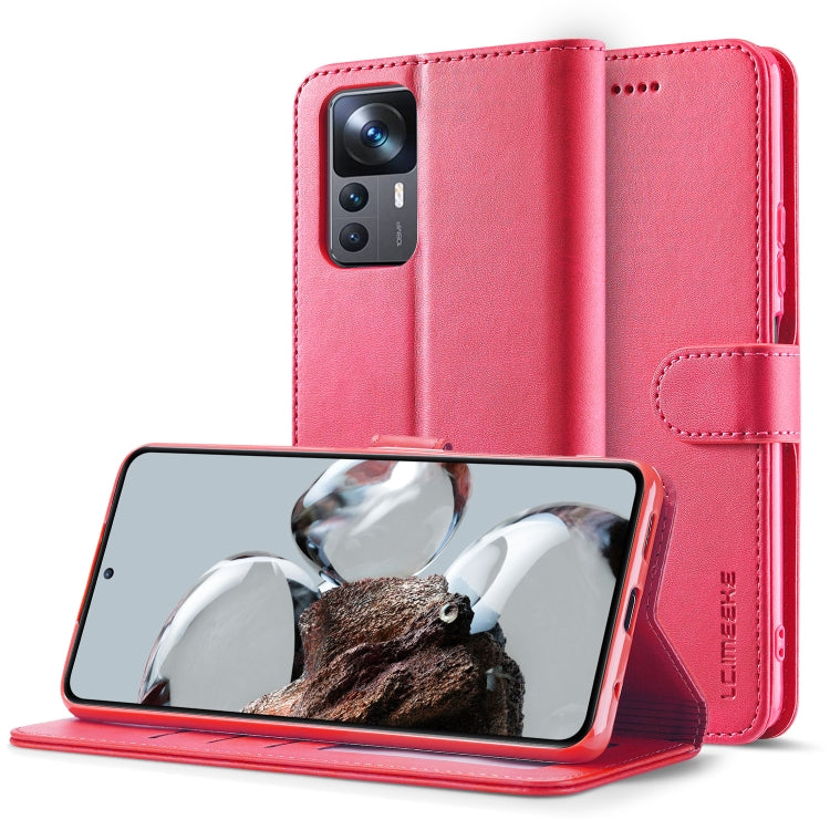 Calf texture leather phone case folio with magnetic strap and kickstand, pink-red