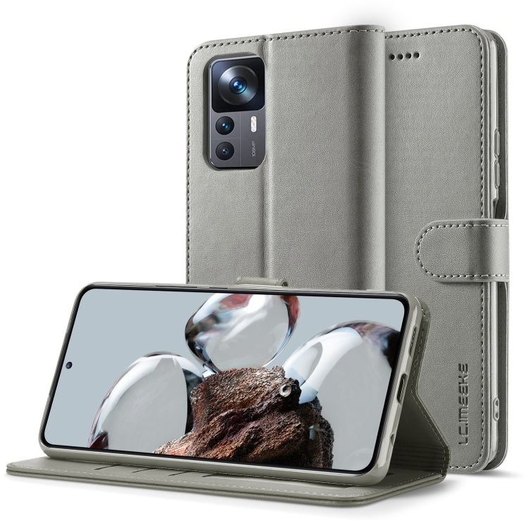 Calf texture leather phone case folio with magnetic strap and kickstand, medium gray